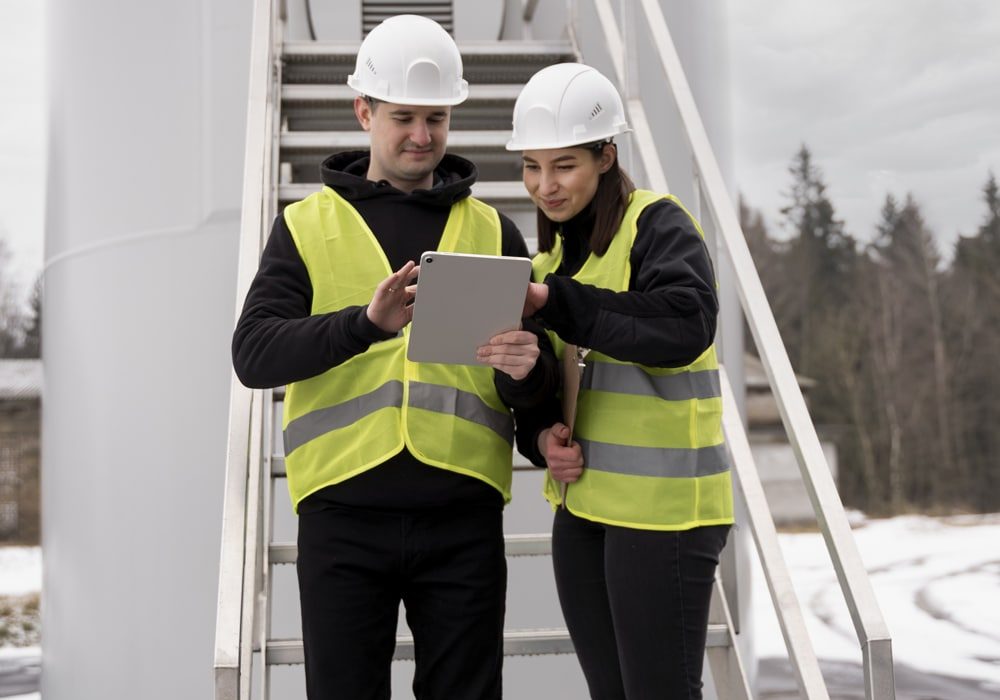 full-shot-smiley-engineers-with-tablet